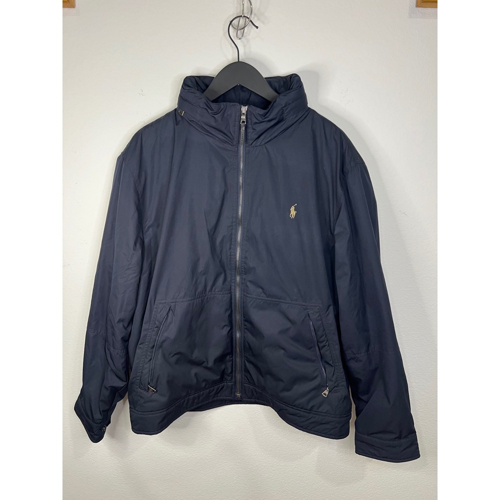 Polo Ralph Lauren Mens Jacket Fleece Lined Stowaway Hood Navy Blue XL